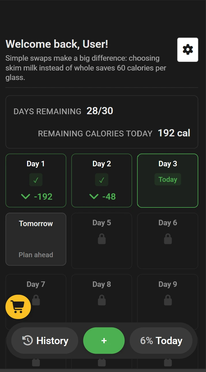 Neat Calorie dashboard showing 30 day grid with completed days and calorie progress - fast reference of progress