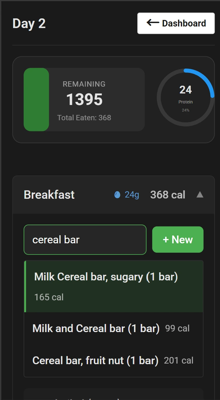 Quick food entry interface in Neat Calorie - searh and log calories from offline, USDA datase, no account needed